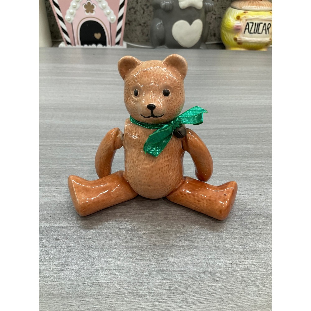 VINTAGE JOINTED TEDDY‎ BEAR WITH GREEN BOW